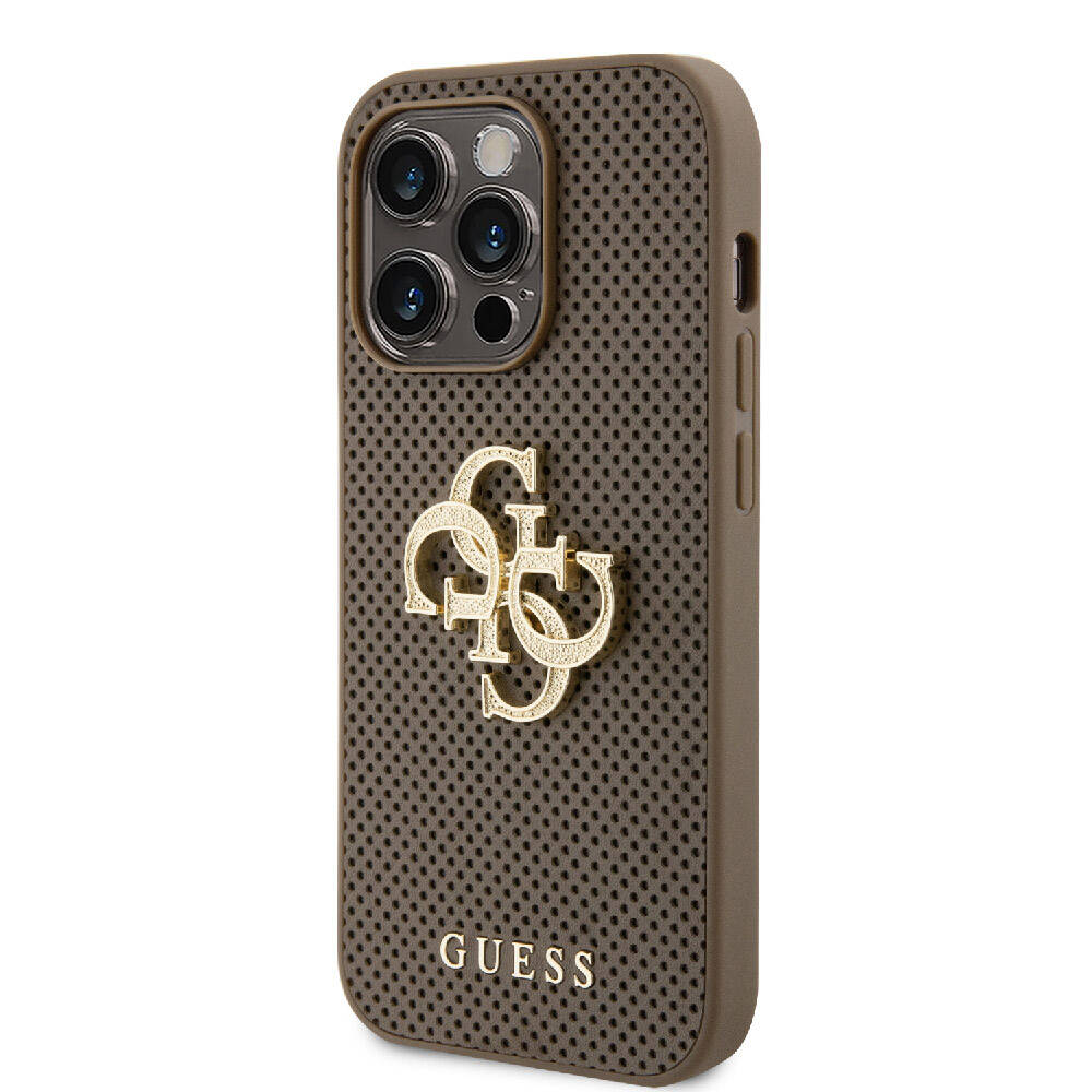 Apple iPhone 15 Pro Kılıf Guess Orjinal Lisanslı Delikli Yazı ve 4G Glitter Büyük Metal Logolu Kapak Kahverengi