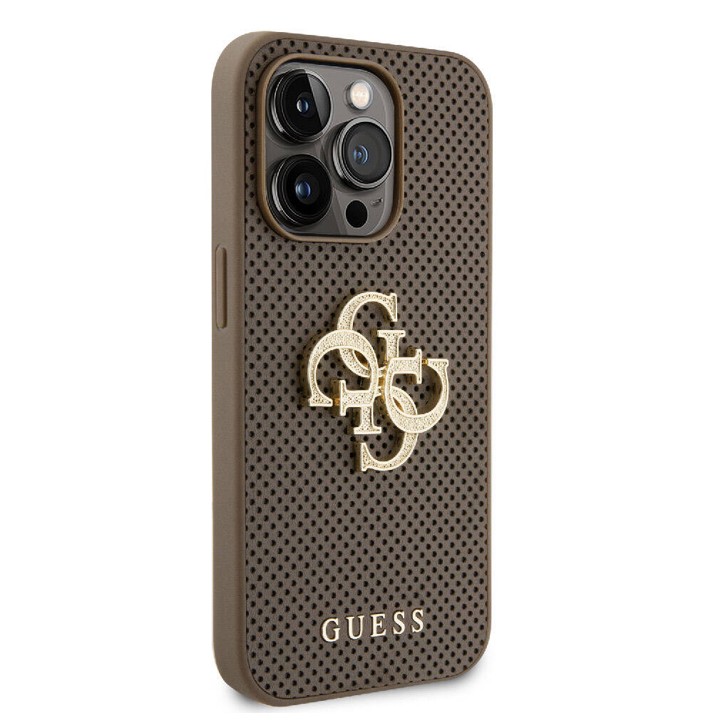 Apple iPhone 15 Pro Kılıf Guess Orjinal Lisanslı Delikli Yazı ve 4G Glitter Büyük Metal Logolu Kapak Kahverengi
