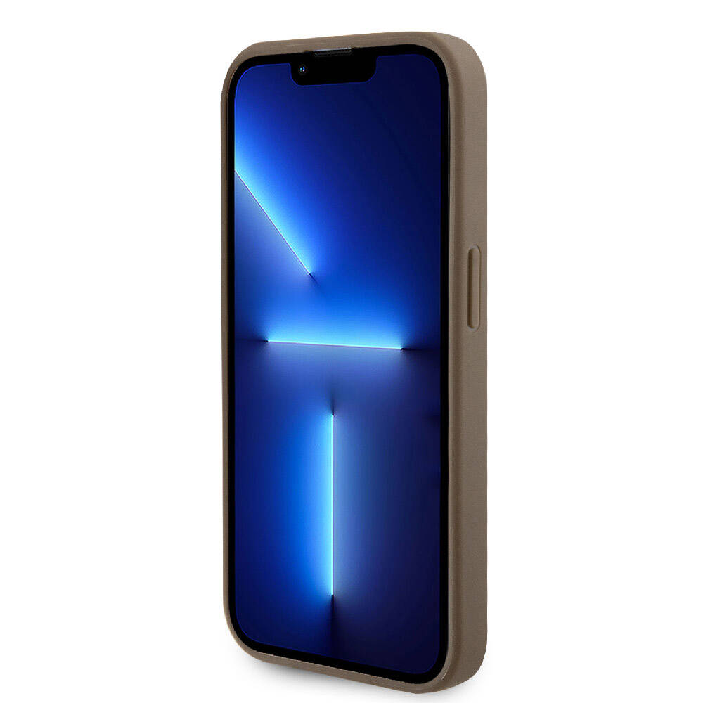 Apple iPhone 15 Pro Kılıf Guess Orjinal Lisanslı Delikli Yazı ve 4G Glitter Büyük Metal Logolu Kapak Kahverengi