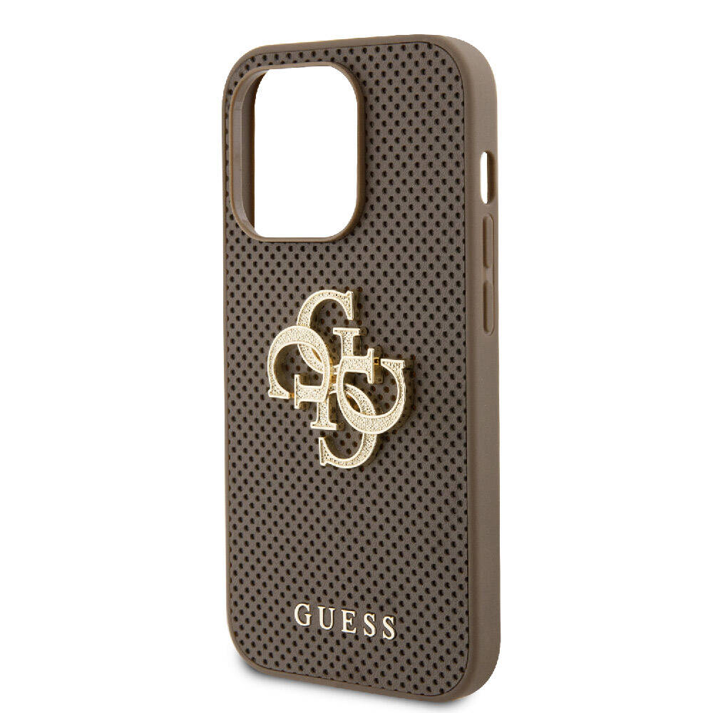 Apple iPhone 15 Pro Kılıf Guess Orjinal Lisanslı Delikli Yazı ve 4G Glitter Büyük Metal Logolu Kapak Kahverengi