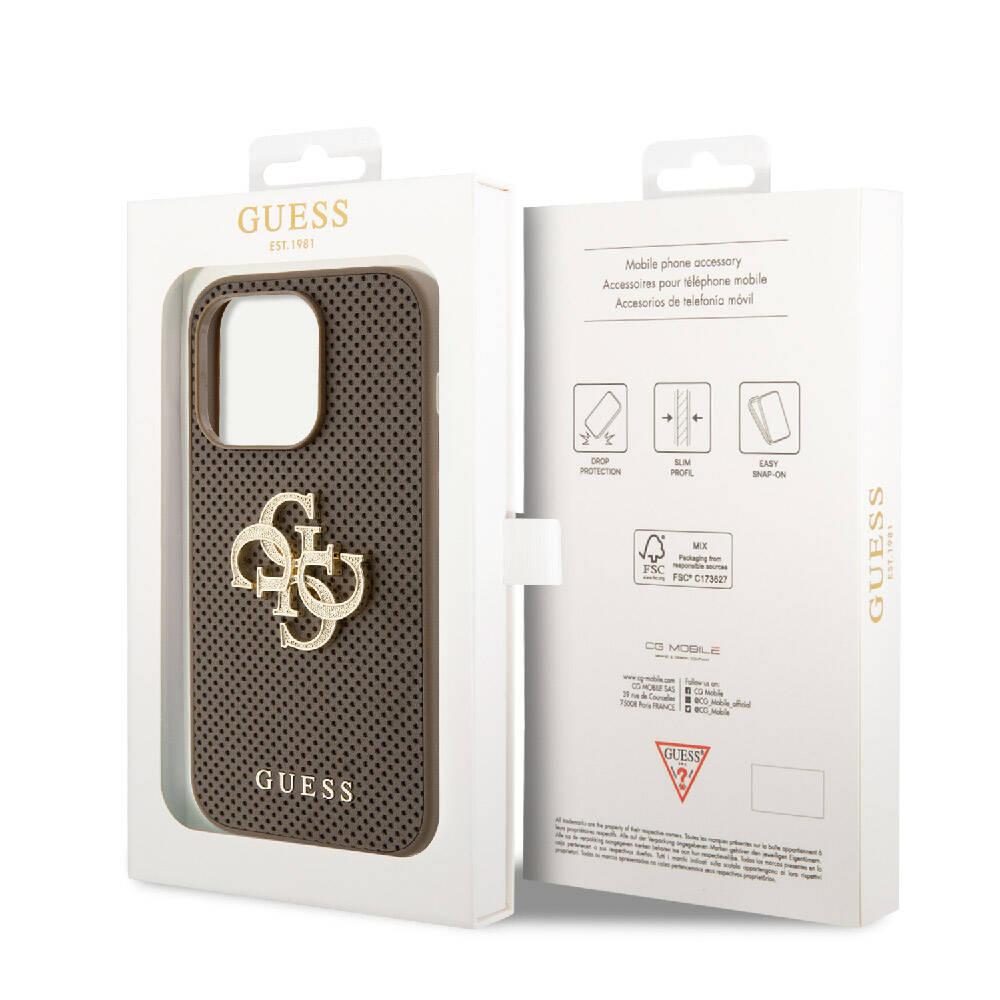 Apple iPhone 15 Pro Kılıf Guess Orjinal Lisanslı Delikli Yazı ve 4G Glitter Büyük Metal Logolu Kapak Kahverengi