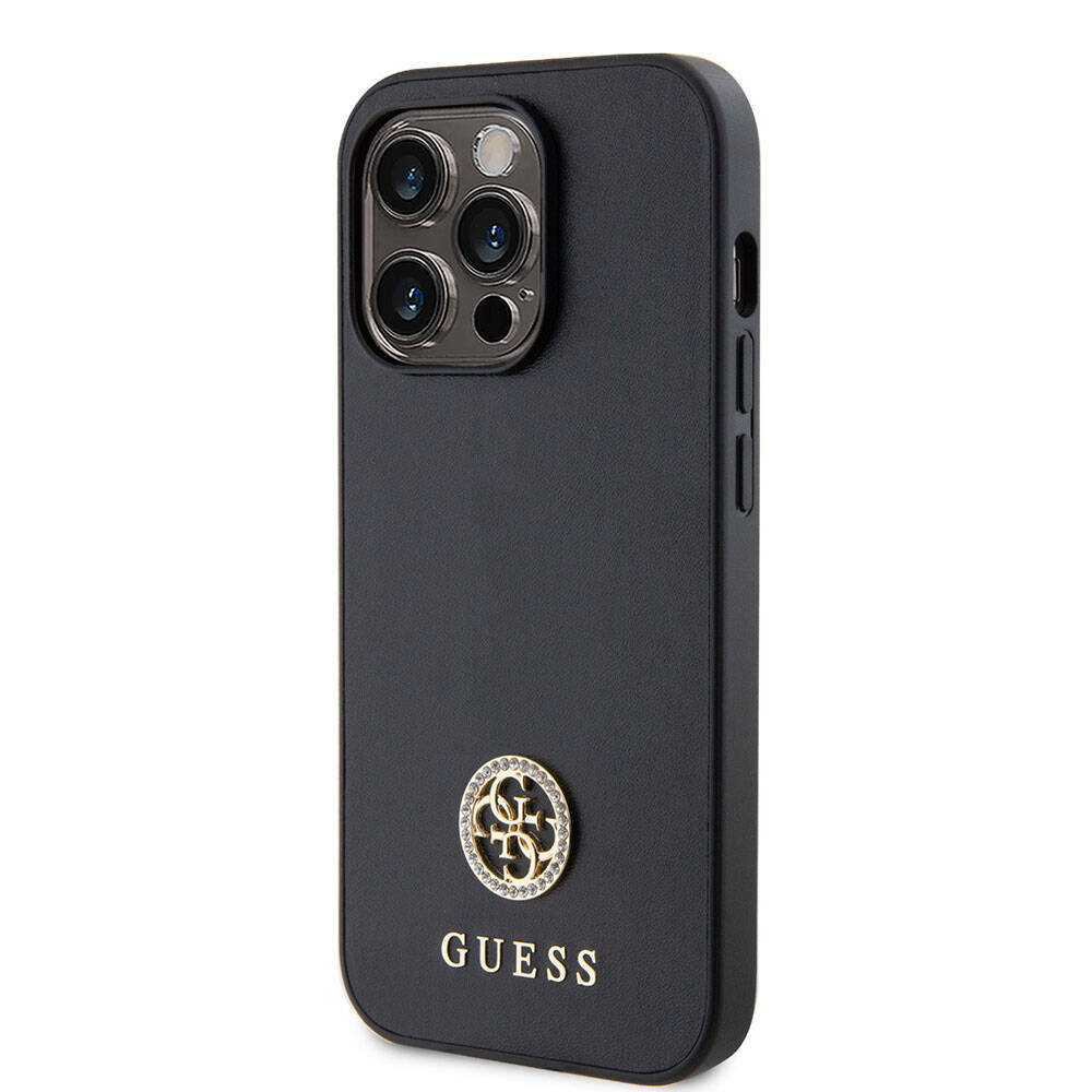 Apple iPhone 15 Pro Kılıf Guess Orjinal Lisanslı Deri 4G Metal Logo Strass Kapak Gold