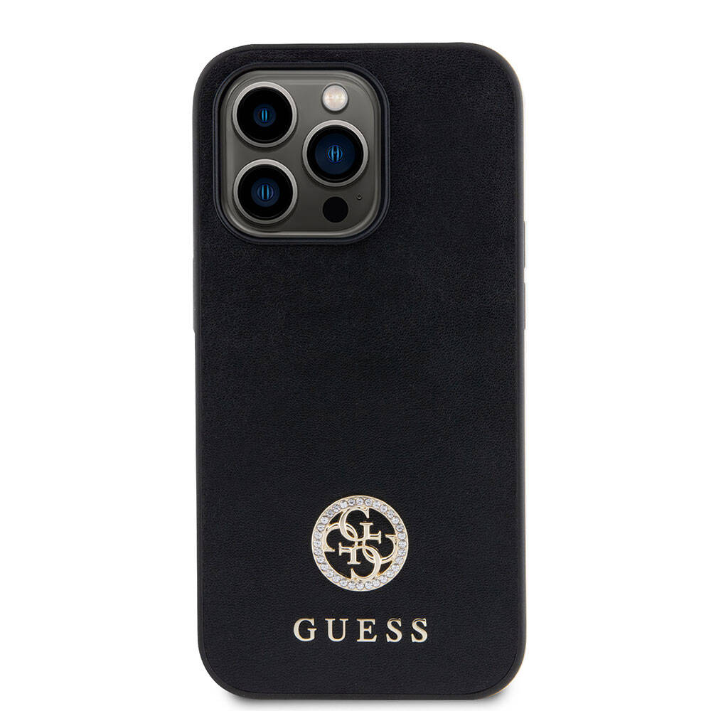 Apple iPhone 15 Pro Kılıf Guess Orjinal Lisanslı Deri 4G Metal Logo Strass Kapak Siyah