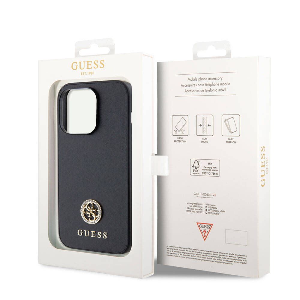 Apple iPhone 15 Pro Kılıf Guess Orjinal Lisanslı Deri 4G Metal Logo Strass Kapak Gold