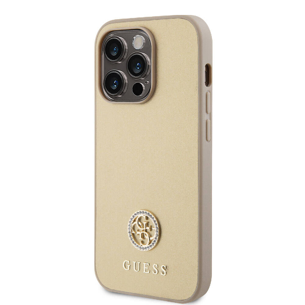Apple iPhone 15 Pro Kılıf Guess Orjinal Lisanslı Deri 4G Metal Logo Strass Kapak Siyah