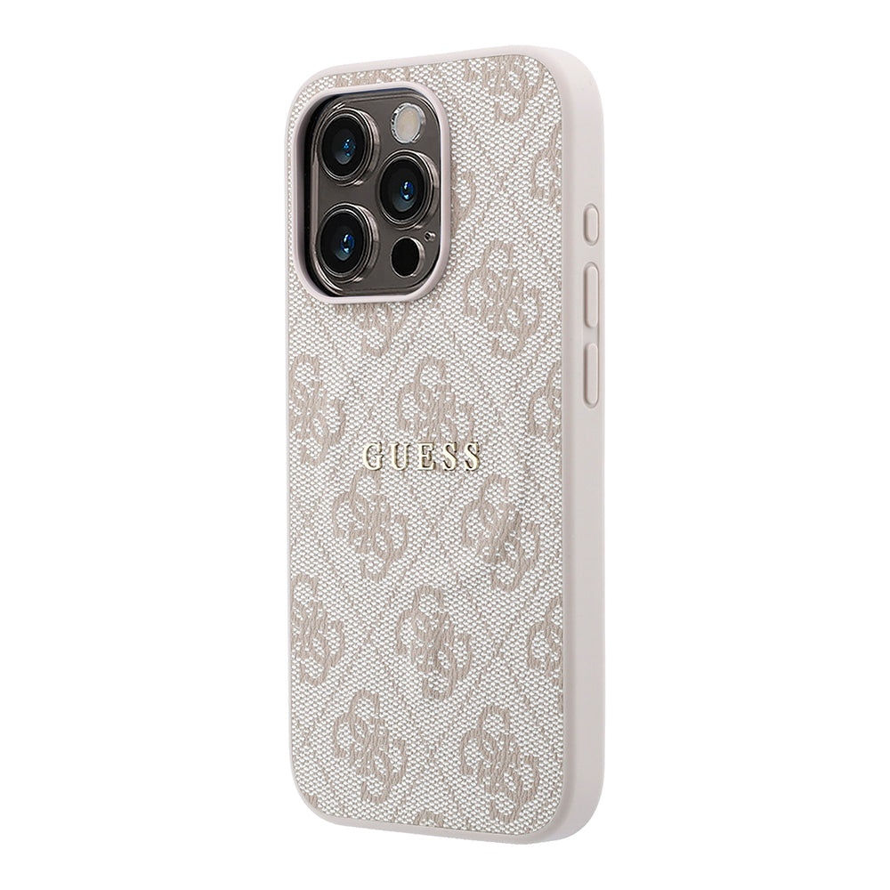 Apple iPhone 15 Pro Kılıf Guess Orjinal Lisanslı M-safe Kabartmalı 4G Desenli Yazı Logolu Kapak Pembe