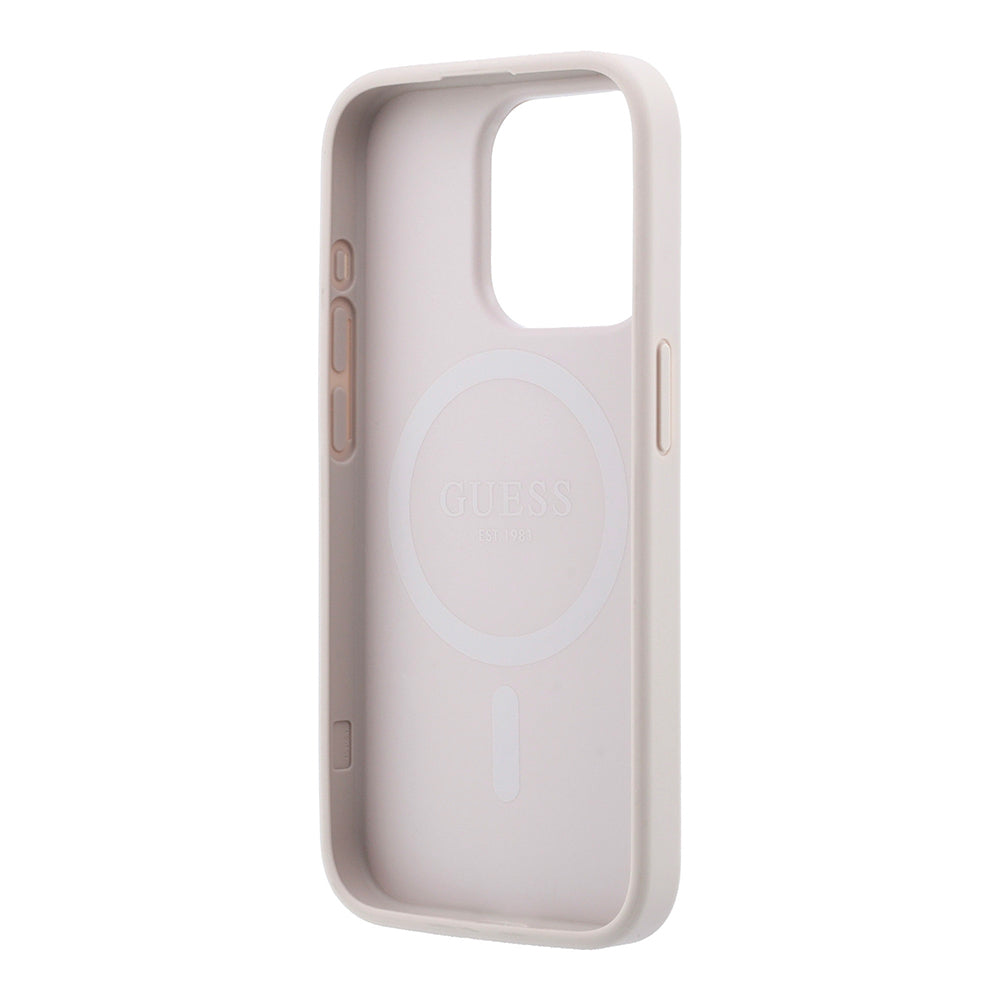 Apple iPhone 15 Pro Kılıf Guess Orjinal Lisanslı M-safe Kabartmalı 4G Desenli Yazı Logolu Kapak Pembe