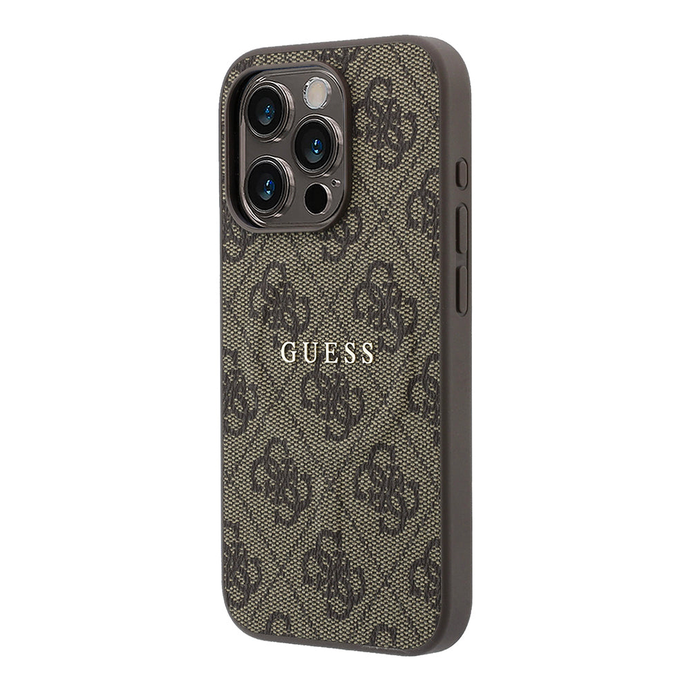 Apple iPhone 15 Pro Kılıf Guess Orjinal Lisanslı M-safe Kabartmalı 4G Desenli Yazı Logolu Kapak Kahverengi