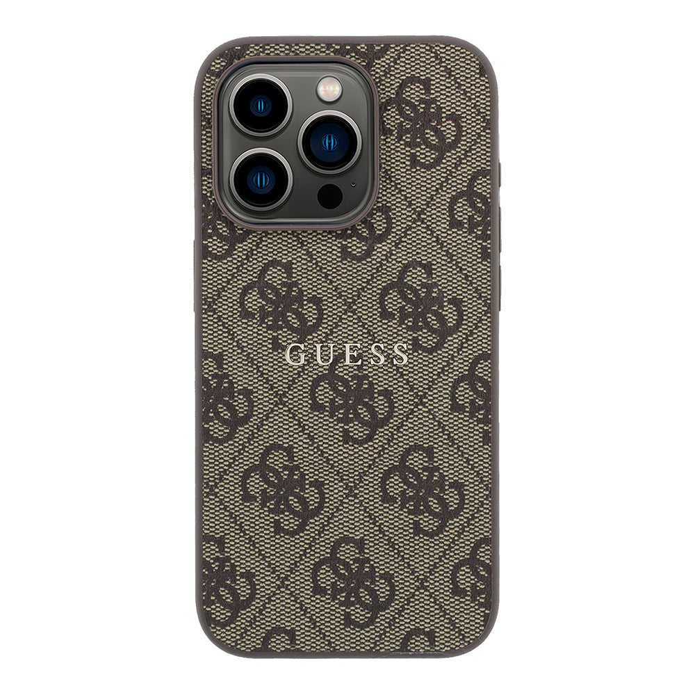 Apple iPhone 15 Pro Kılıf Guess Orjinal Lisanslı M-safe Kabartmalı 4G Desenli Yazı Logolu Kapak Kahverengi