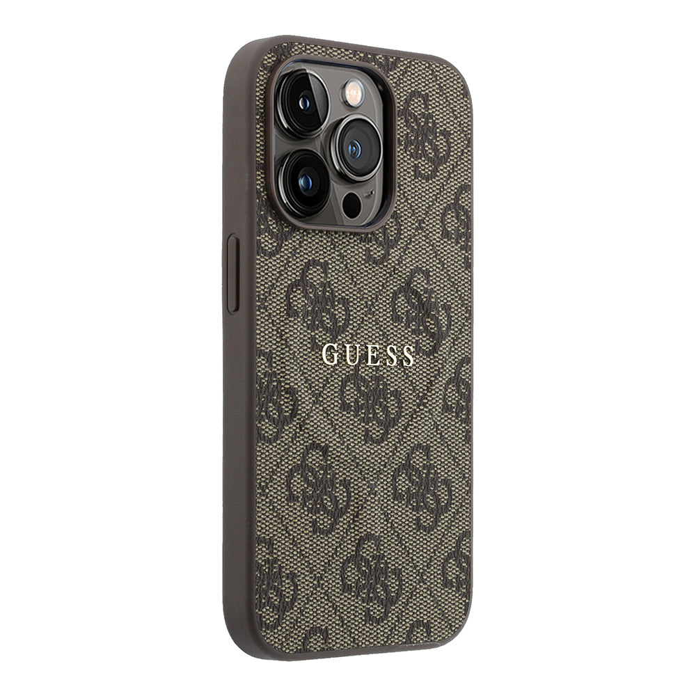 Apple iPhone 15 Pro Kılıf Guess Orjinal Lisanslı M-safe Kabartmalı 4G Desenli Yazı Logolu Kapak Kahverengi