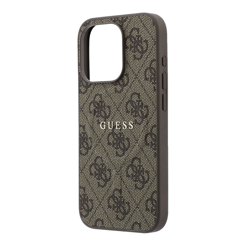 Apple iPhone 15 Pro Kılıf Guess Orjinal Lisanslı M-safe Kabartmalı 4G Desenli Yazı Logolu Kapak Kahverengi