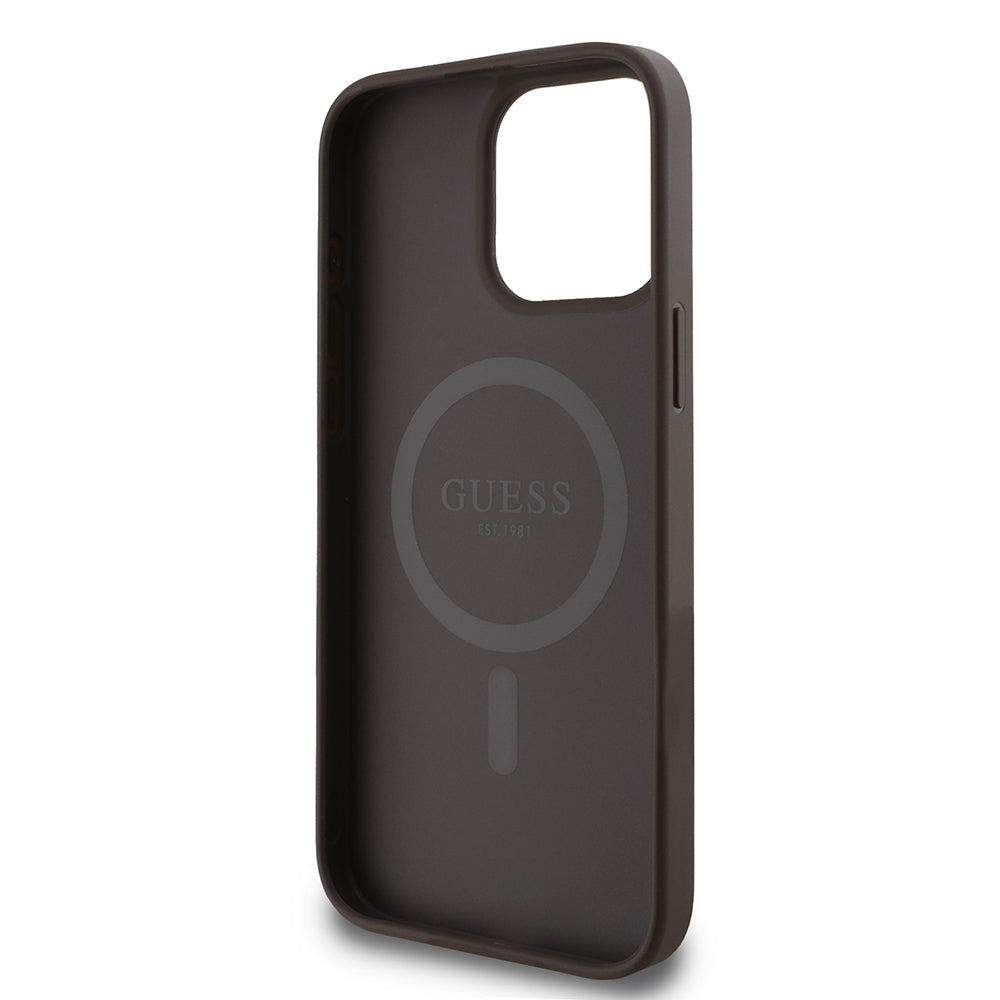 Apple iPhone 15 Pro Kılıf Guess Orjinal Lisanslı Magsafe Şarj Özellikli 4G Desen Yazı Logolu Kapak Kahverengi