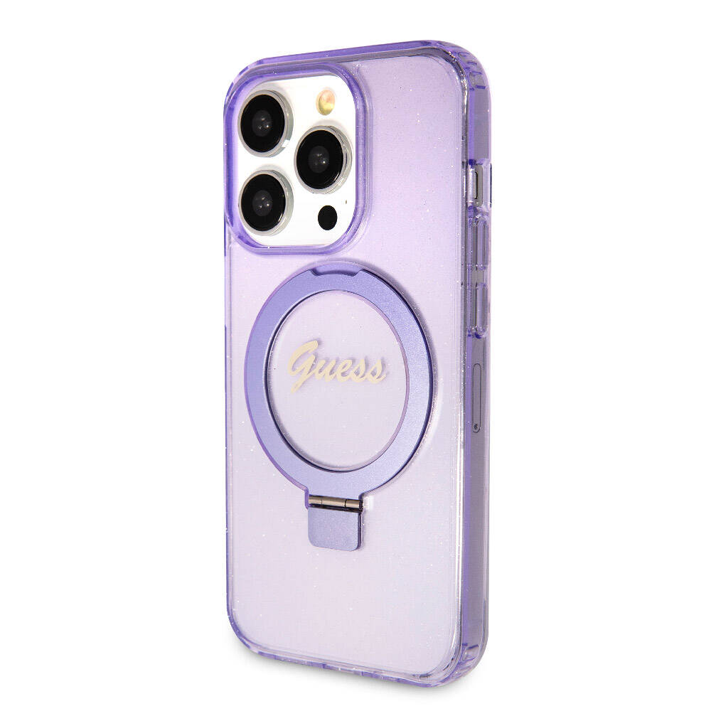Apple iPhone 15 Pro Kılıf Guess Orjinal Lisanslı Magsafe Şarj Özellikli Simli Arka Yüzey Ring Standlı Kapak Siyah
