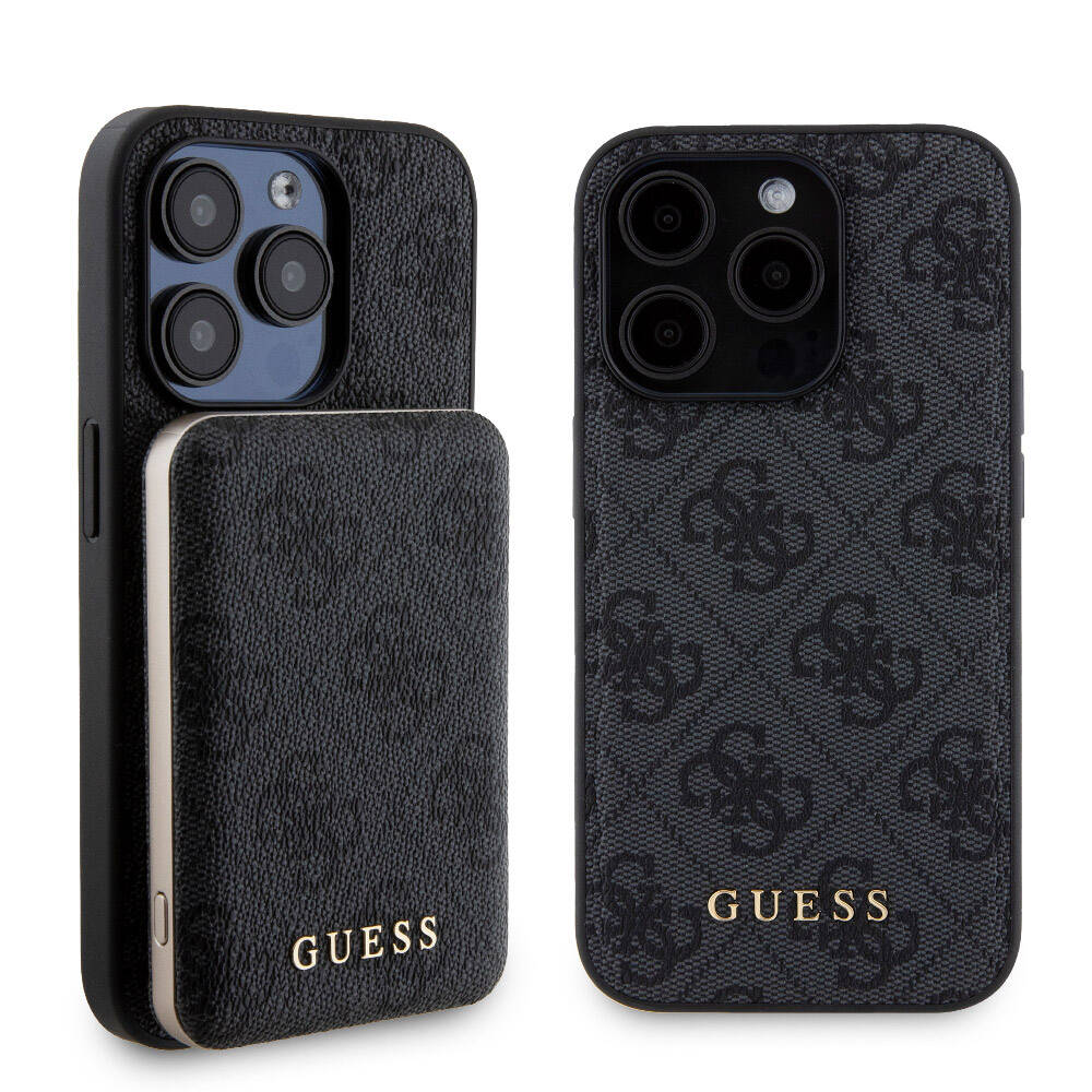 Apple iPhone 15 Pro Kılıf Guess Orjinal Lisanslı Magsafe Şarj Özellikli Yazı Logolu 4G Desenli Kapak + Powerbank 5000mAh 2in1 Set Siyah
