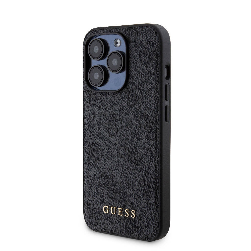 Apple iPhone 15 Pro Kılıf Guess Orjinal Lisanslı Magsafe Şarj Özellikli Yazı Logolu 4G Desenli Kapak + Powerbank 5000mAh 2in1 Set Siyah