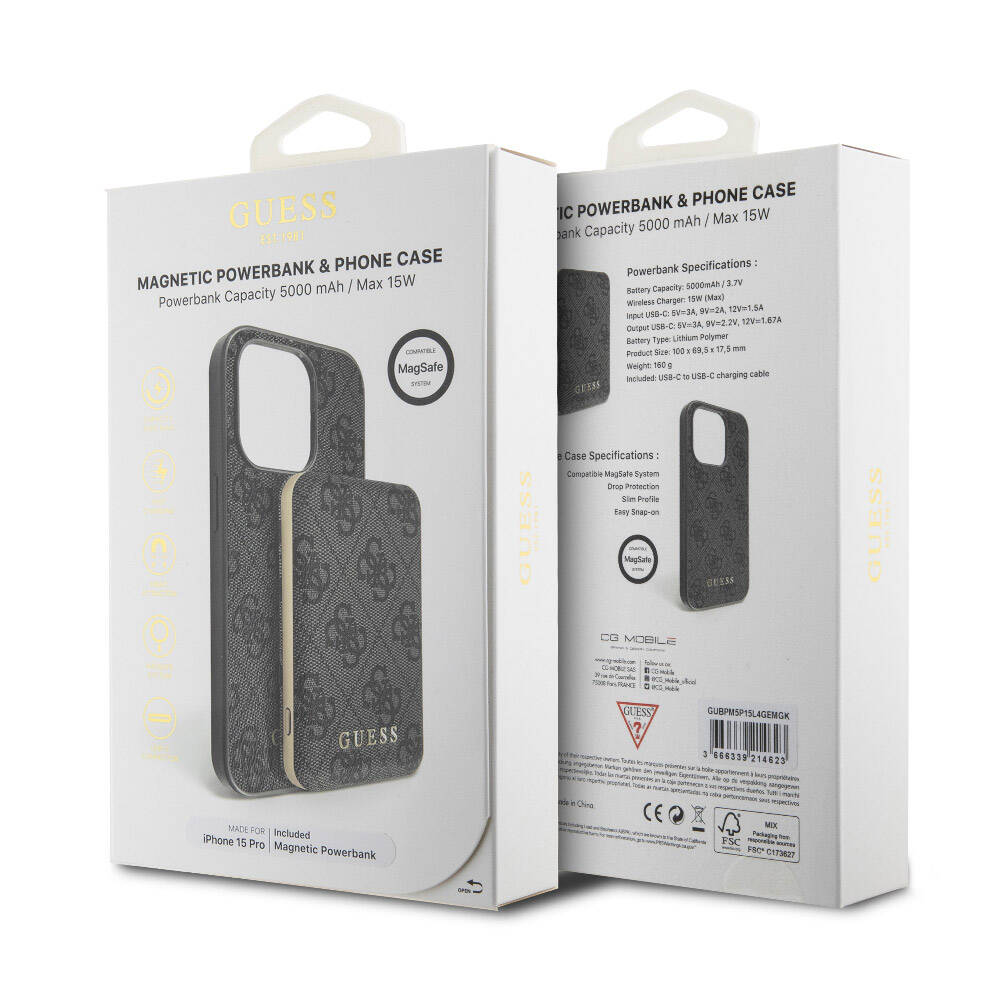 Apple iPhone 15 Pro Kılıf Guess Orjinal Lisanslı Magsafe Şarj Özellikli Yazı Logolu 4G Desenli Kapak + Powerbank 5000mAh 2in1 Set Siyah