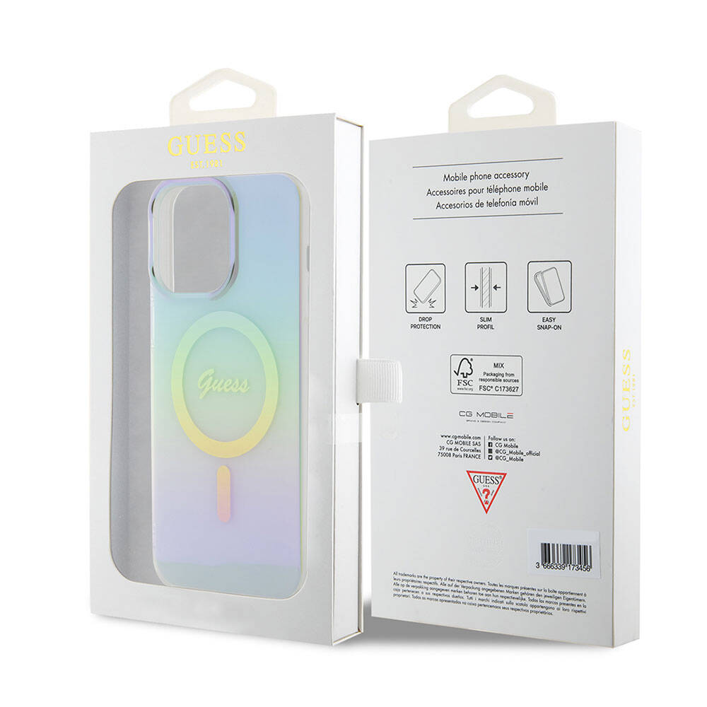 Apple iPhone 15 Pro Kılıf Guess Orjinal Lisanslı Magsafe Şarj Özellikli Yazı Logolu Iridescent Kapak Siyah