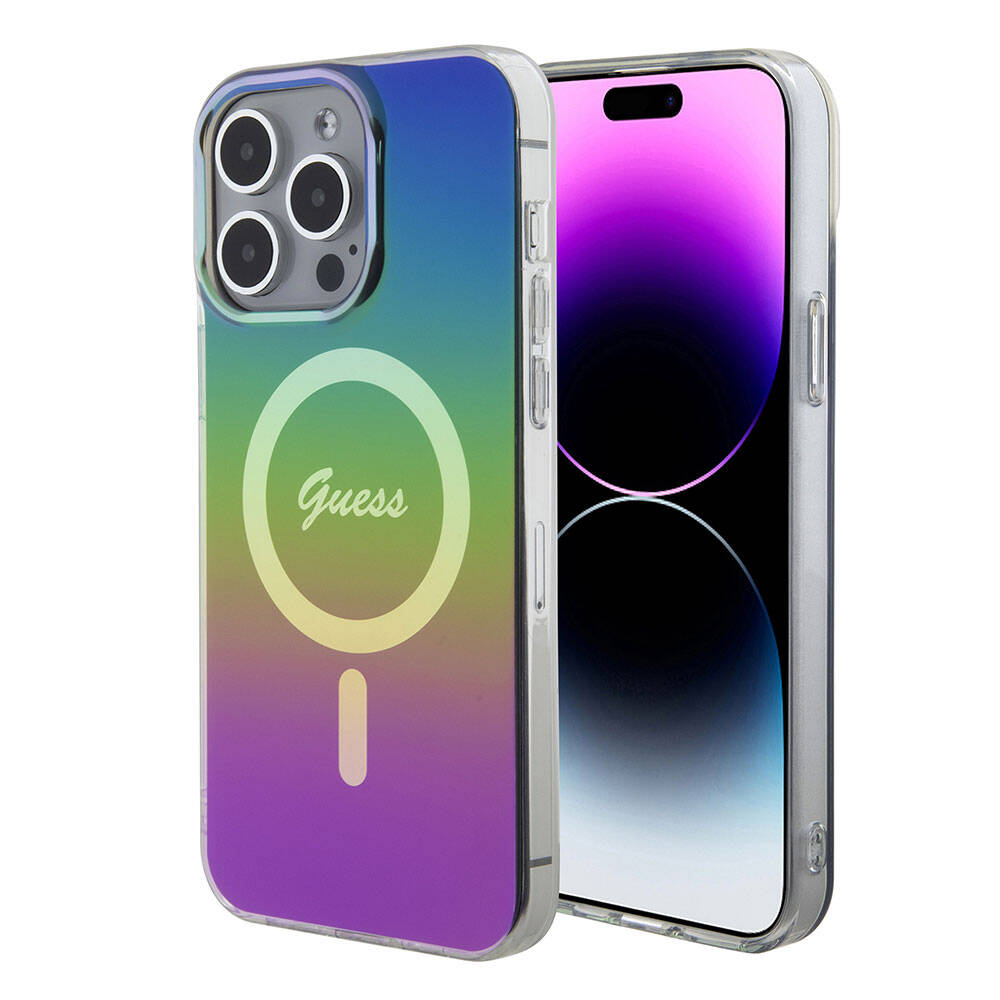 Apple iPhone 15 Pro Kılıf Guess Orjinal Lisanslı Magsafe Şarj Özellikli Yazı Logolu Iridescent Kapak Siyah