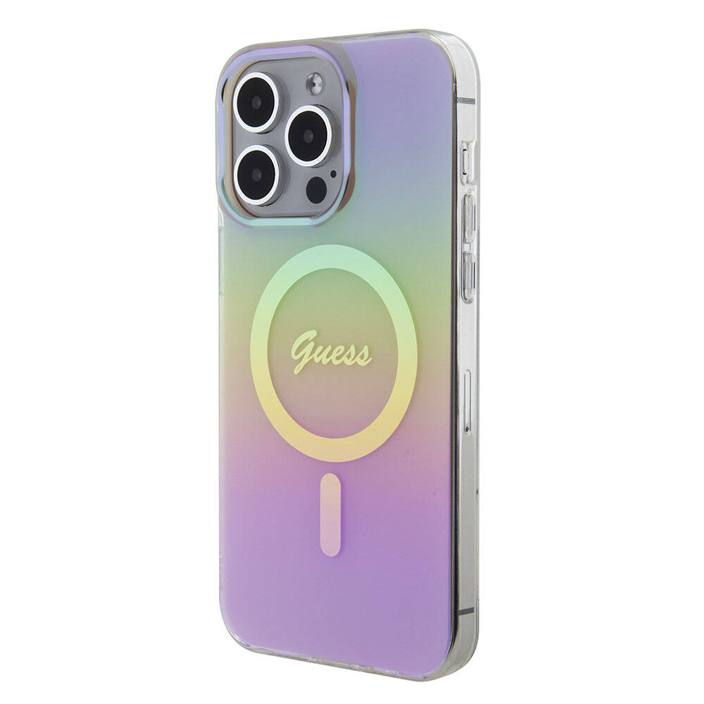 Apple iPhone 15 Pro Kılıf Guess Orjinal Lisanslı Magsafe Şarj Özellikli Yazı Logolu Iridescent Kapak Turkuaz