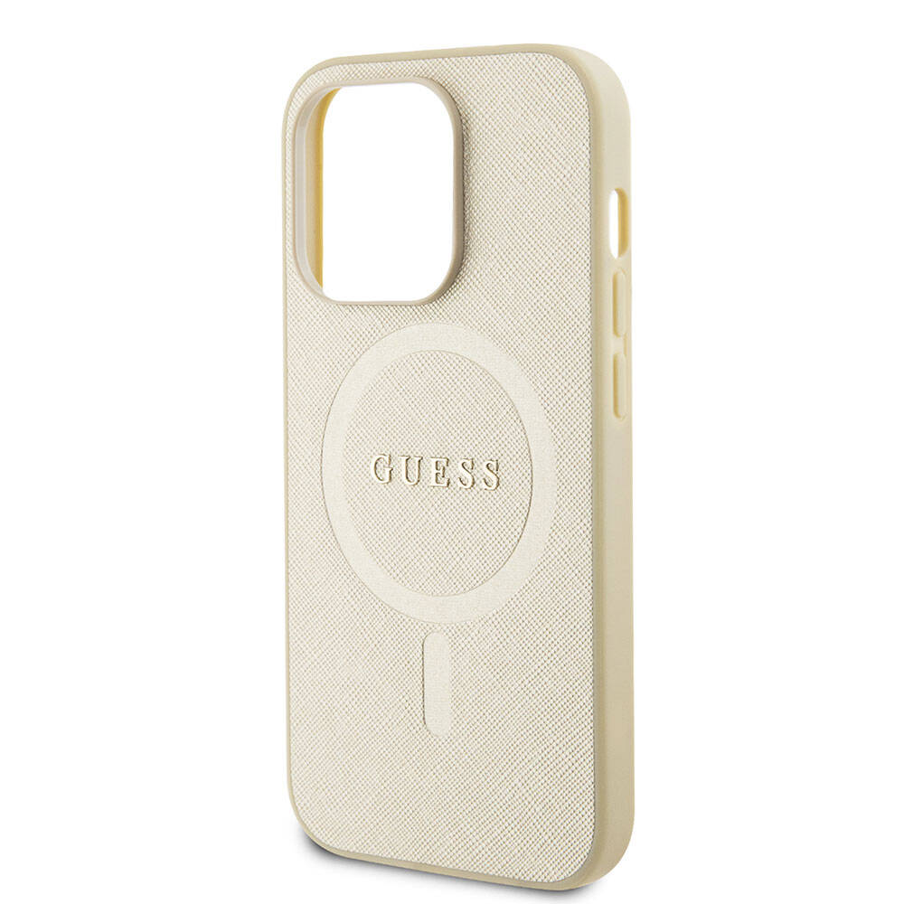 Apple iPhone 15 Pro Kılıf Guess Orjinal Lisanslı Magsafe Şarj Özellikli Yazı Logolu Saffiano Kapak Krem