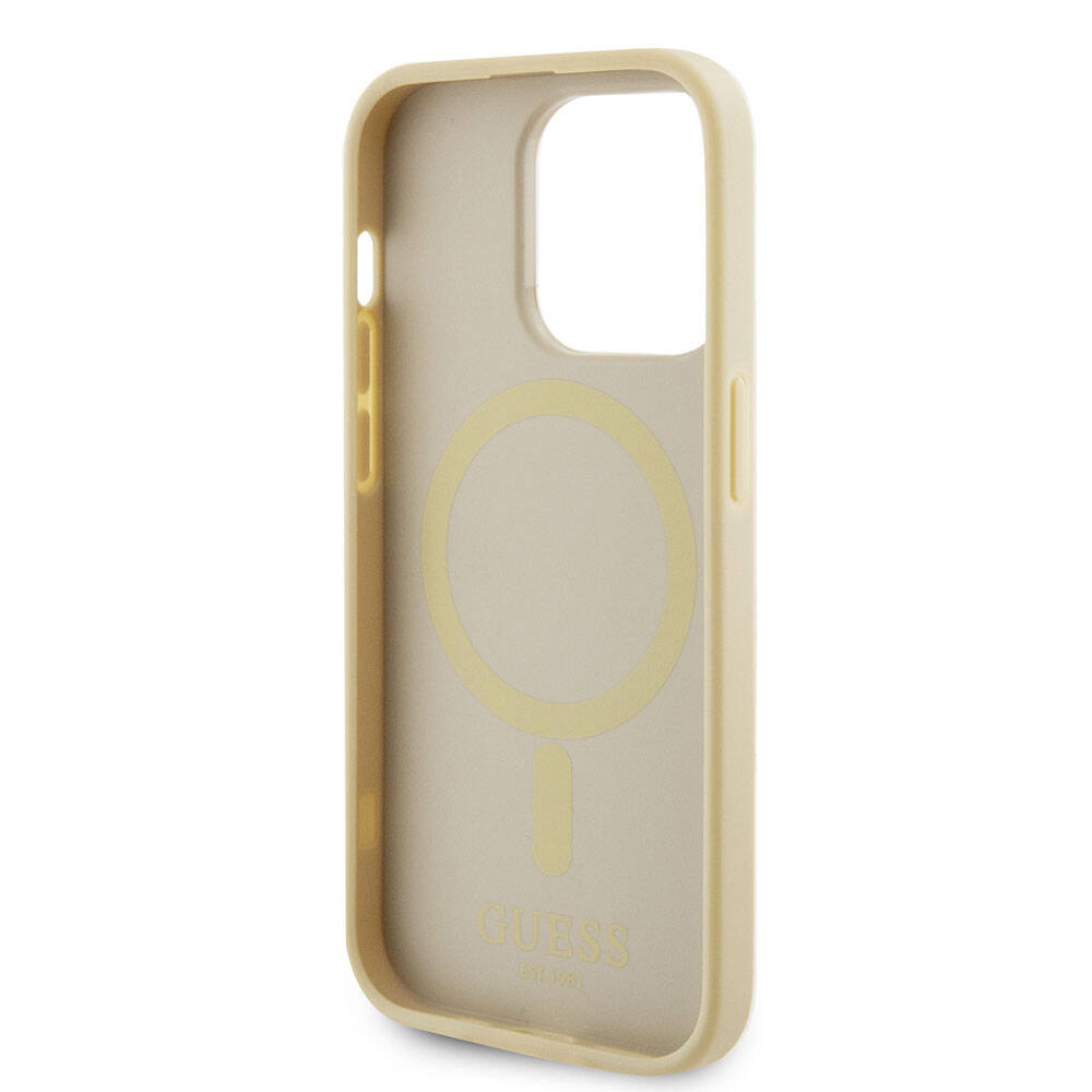 Apple iPhone 15 Pro Kılıf Guess Orjinal Lisanslı Magsafe Şarj Özellikli Yazı Logolu Saffiano Kapak Krem