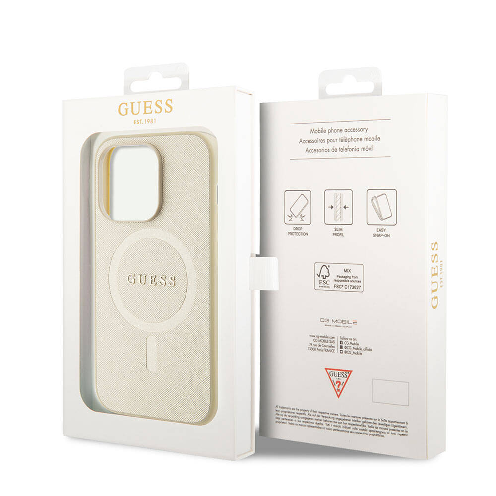 Apple iPhone 15 Pro Kılıf Guess Orjinal Lisanslı Magsafe Şarj Özellikli Yazı Logolu Saffiano Kapak Krem