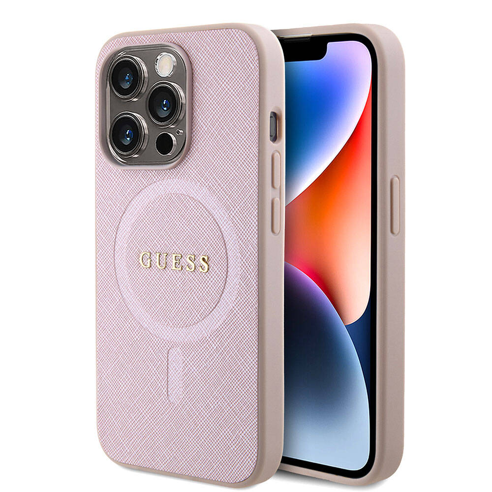 Apple iPhone 15 Pro Kılıf Guess Orjinal Lisanslı Magsafe Şarj Özellikli Yazı Logolu Saffiano Kapak Krem