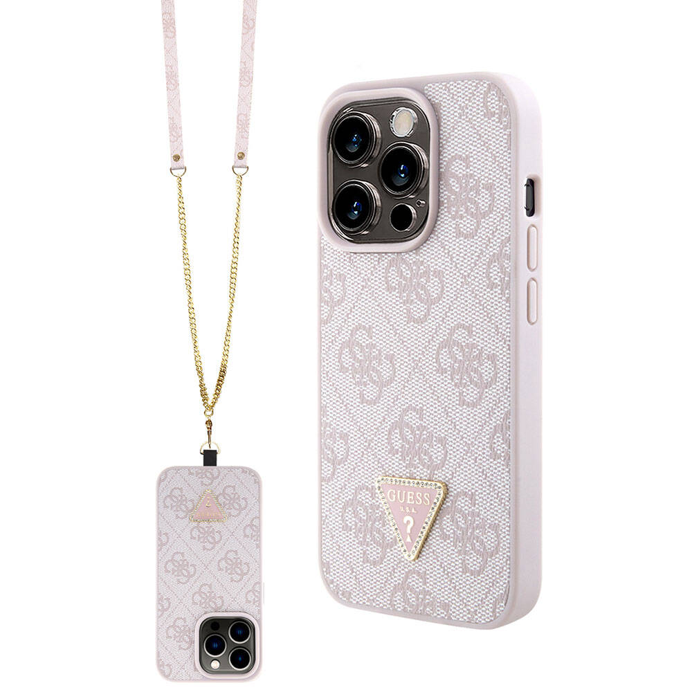 Apple iPhone 15 Pro Kılıf Guess Orjinal Lisanslı PU Deri Askılı Taşlı Üçgen Logo 4G Desenli Strass Crossbody Kapak Kahverengi