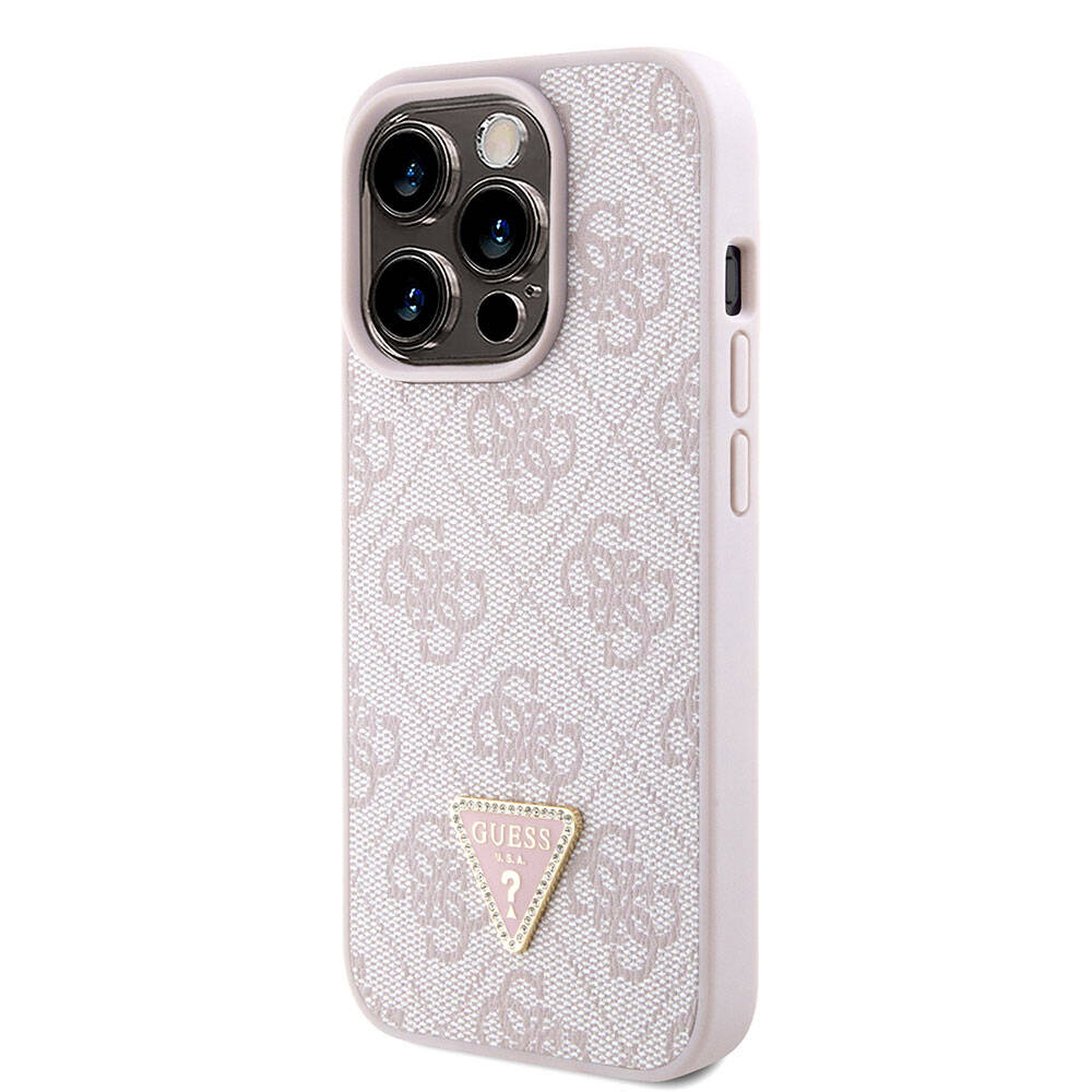 Apple iPhone 15 Pro Kılıf Guess Orjinal Lisanslı PU Deri Askılı Taşlı Üçgen Logo 4G Desenli Strass Crossbody Kapak Kahverengi