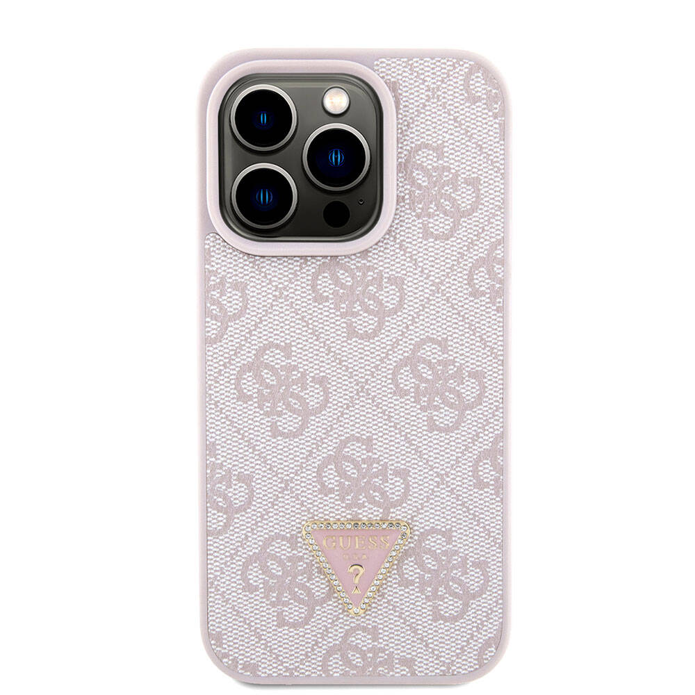 Apple iPhone 15 Pro Kılıf Guess Orjinal Lisanslı PU Deri Askılı Taşlı Üçgen Logo 4G Desenli Strass Crossbody Kapak Kahverengi