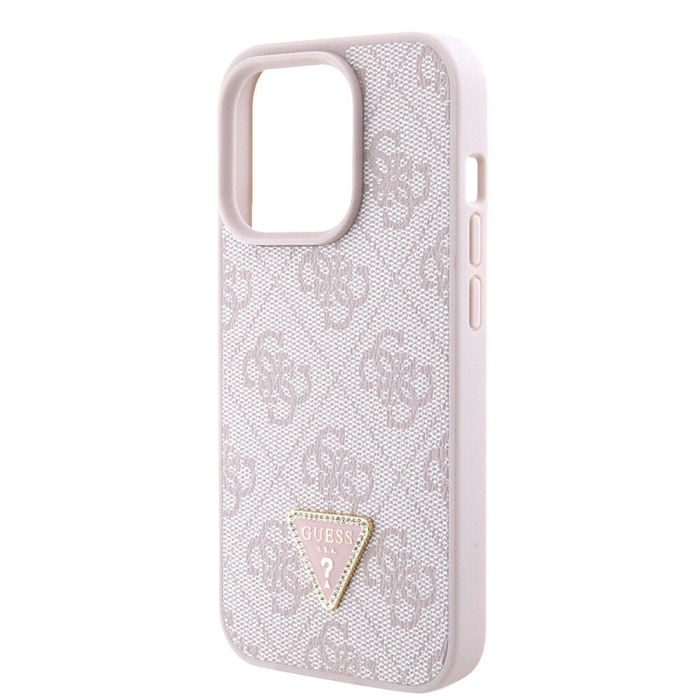 Apple iPhone 15 Pro Kılıf Guess Orjinal Lisanslı PU Deri Askılı Taşlı Üçgen Logo 4G Desenli Strass Crossbody Kapak Kahverengi