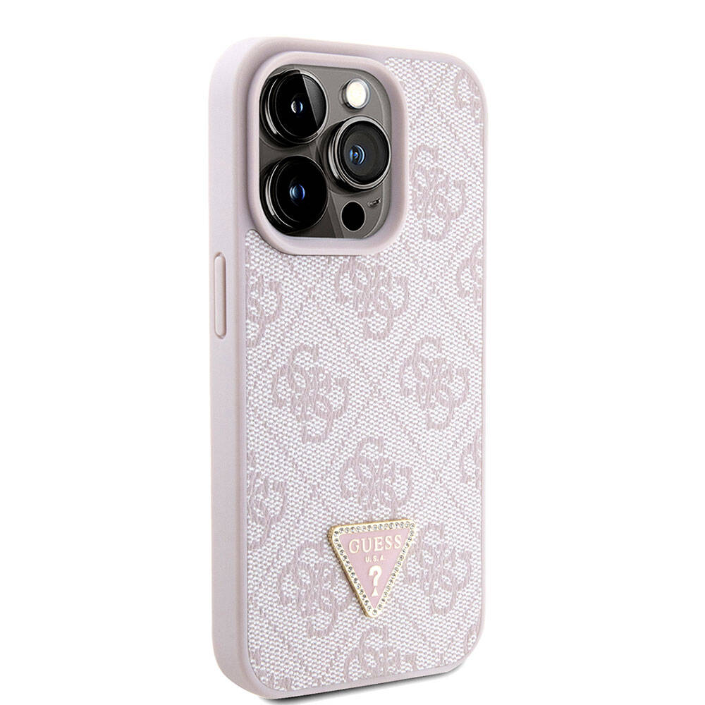 Apple iPhone 15 Pro Kılıf Guess Orjinal Lisanslı PU Deri Askılı Taşlı Üçgen Logo 4G Desenli Strass Crossbody Kapak Pembe