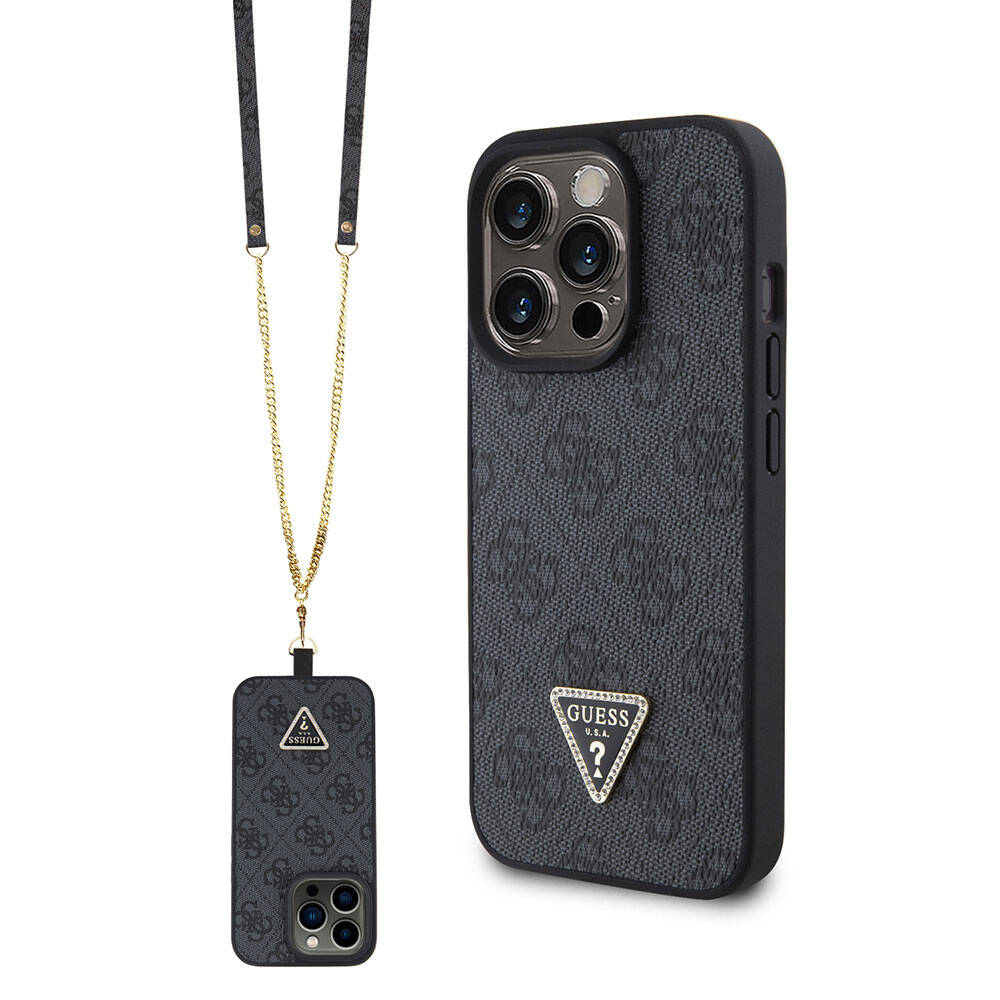 Apple iPhone 15 Pro Kılıf Guess Orjinal Lisanslı PU Deri Askılı Taşlı Üçgen Logo 4G Desenli Strass Crossbody Kapak Siyah