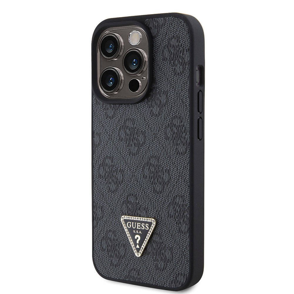 Apple iPhone 15 Pro Kılıf Guess Orjinal Lisanslı PU Deri Askılı Taşlı Üçgen Logo 4G Desenli Strass Crossbody Kapak Siyah