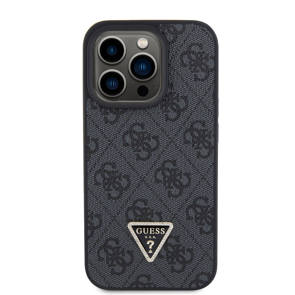 Apple iPhone 15 Pro Kılıf Guess Orjinal Lisanslı PU Deri Askılı Taşlı Üçgen Logo 4G Desenli Strass Crossbody Kapak Siyah
