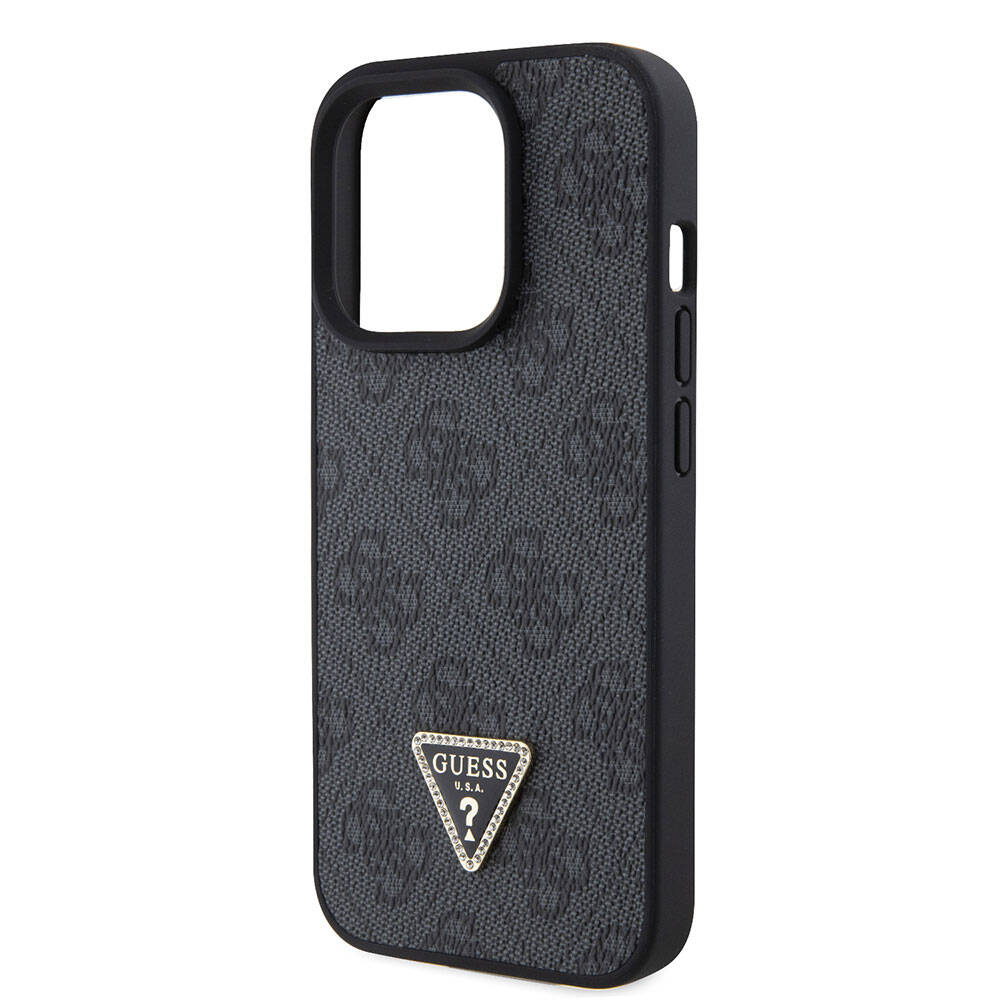 Apple iPhone 15 Pro Kılıf Guess Orjinal Lisanslı PU Deri Askılı Taşlı Üçgen Logo 4G Desenli Strass Crossbody Kapak Siyah