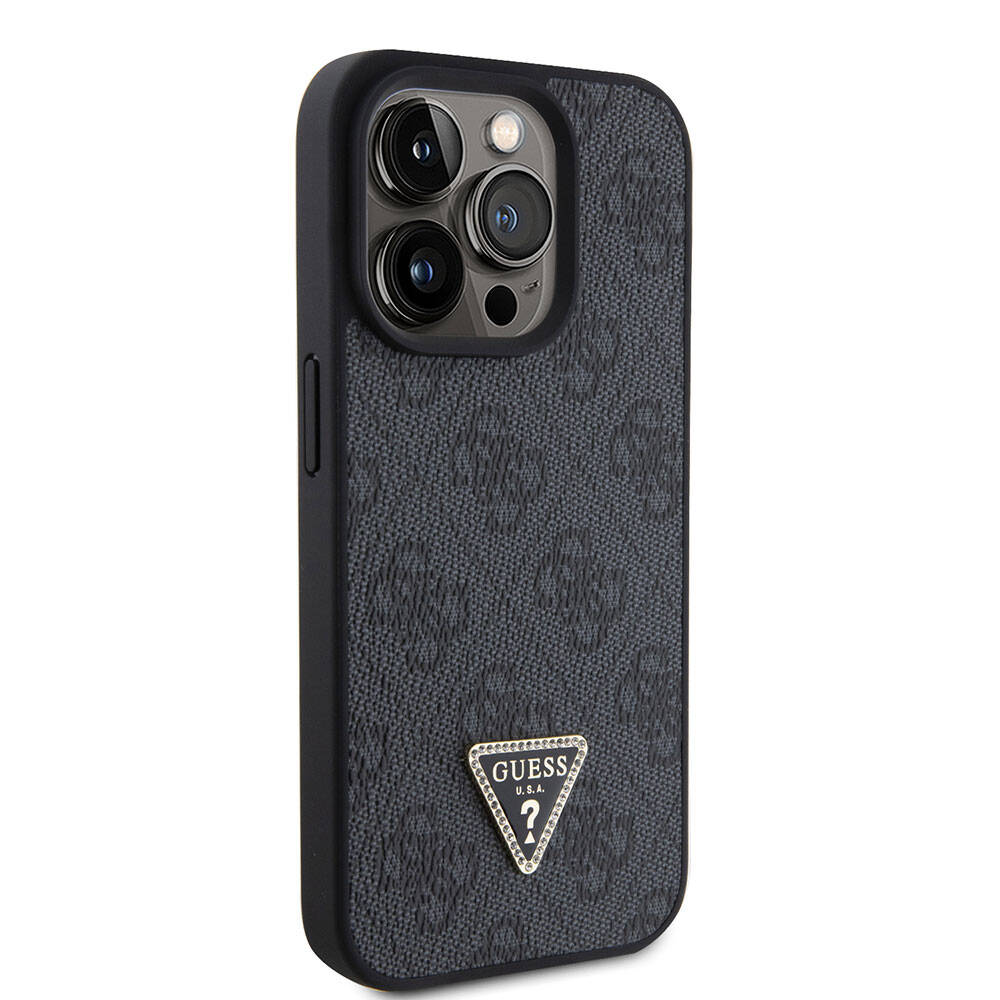 Apple iPhone 15 Pro Kılıf Guess Orjinal Lisanslı PU Deri Askılı Taşlı Üçgen Logo 4G Desenli Strass Crossbody Kapak Siyah