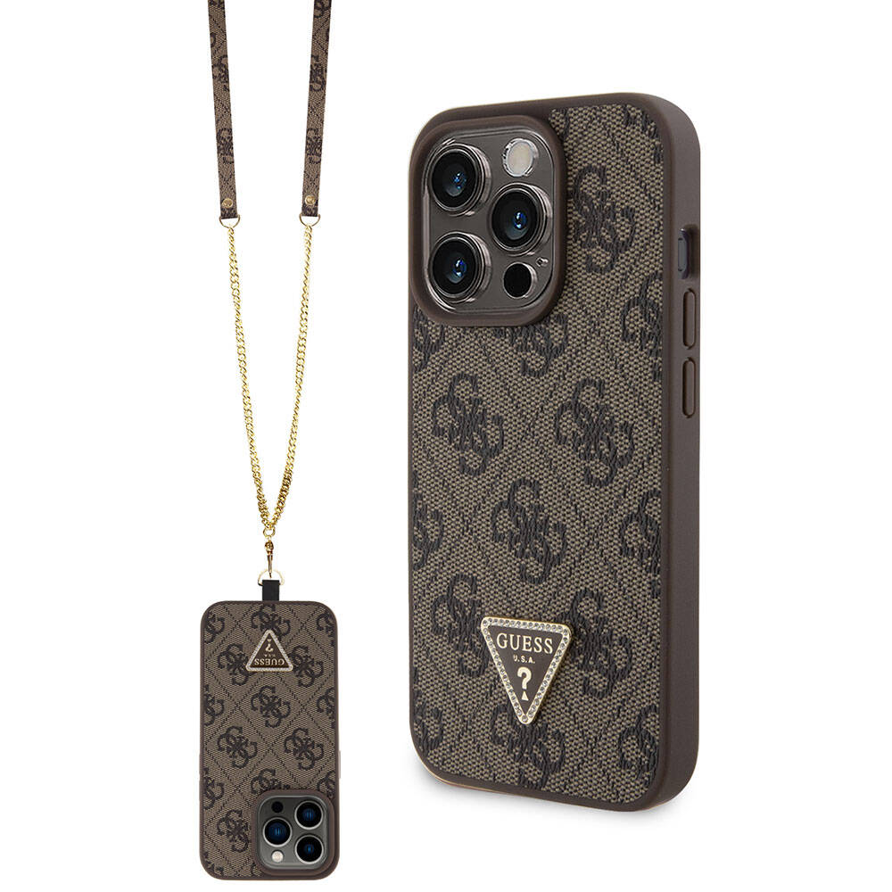 Apple iPhone 15 Pro Kılıf Guess Orjinal Lisanslı PU Deri Askılı Taşlı Üçgen Logo 4G Desenli Strass Crossbody Kapak Kahverengi