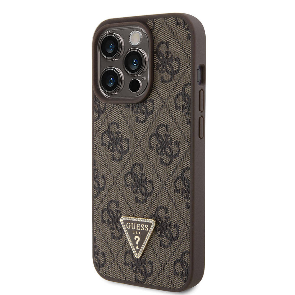 Apple iPhone 15 Pro Kılıf Guess Orjinal Lisanslı PU Deri Askılı Taşlı Üçgen Logo 4G Desenli Strass Crossbody Kapak Kahverengi