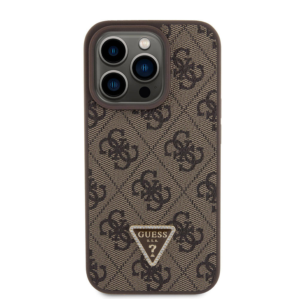 Apple iPhone 15 Pro Kılıf Guess Orjinal Lisanslı PU Deri Askılı Taşlı Üçgen Logo 4G Desenli Strass Crossbody Kapak Siyah