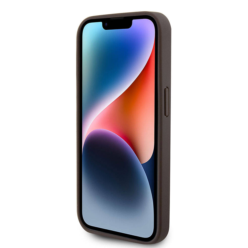 Apple iPhone 15 Pro Kılıf Guess Orjinal Lisanslı PU Deri Askılı Taşlı Üçgen Logo 4G Desenli Strass Crossbody Kapak Kahverengi
