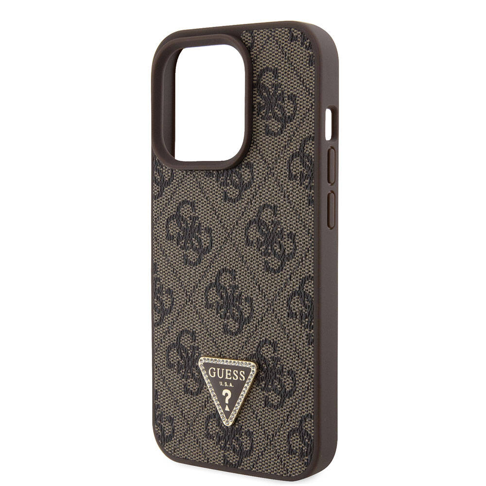 Apple iPhone 15 Pro Kılıf Guess Orjinal Lisanslı PU Deri Askılı Taşlı Üçgen Logo 4G Desenli Strass Crossbody Kapak Siyah