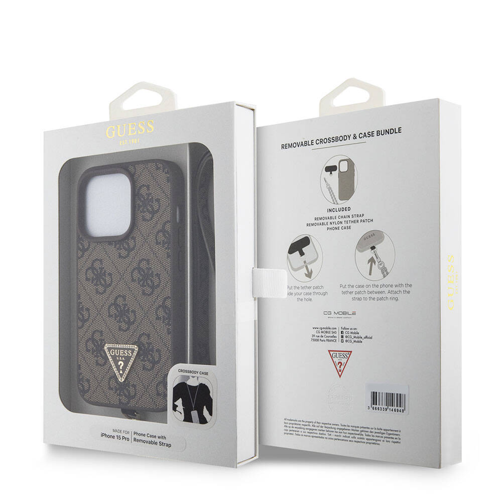 Apple iPhone 15 Pro Kılıf Guess Orjinal Lisanslı PU Deri Askılı Taşlı Üçgen Logo 4G Desenli Strass Crossbody Kapak Siyah