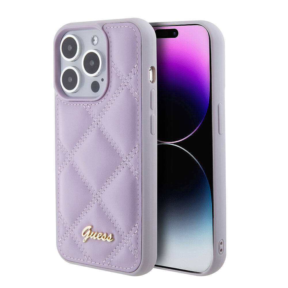 Apple iPhone 15 Pro Kılıf Guess Orjinal Lisanslı PU Deri Metal Yazı Logolu Kapitone Kapak Siyah