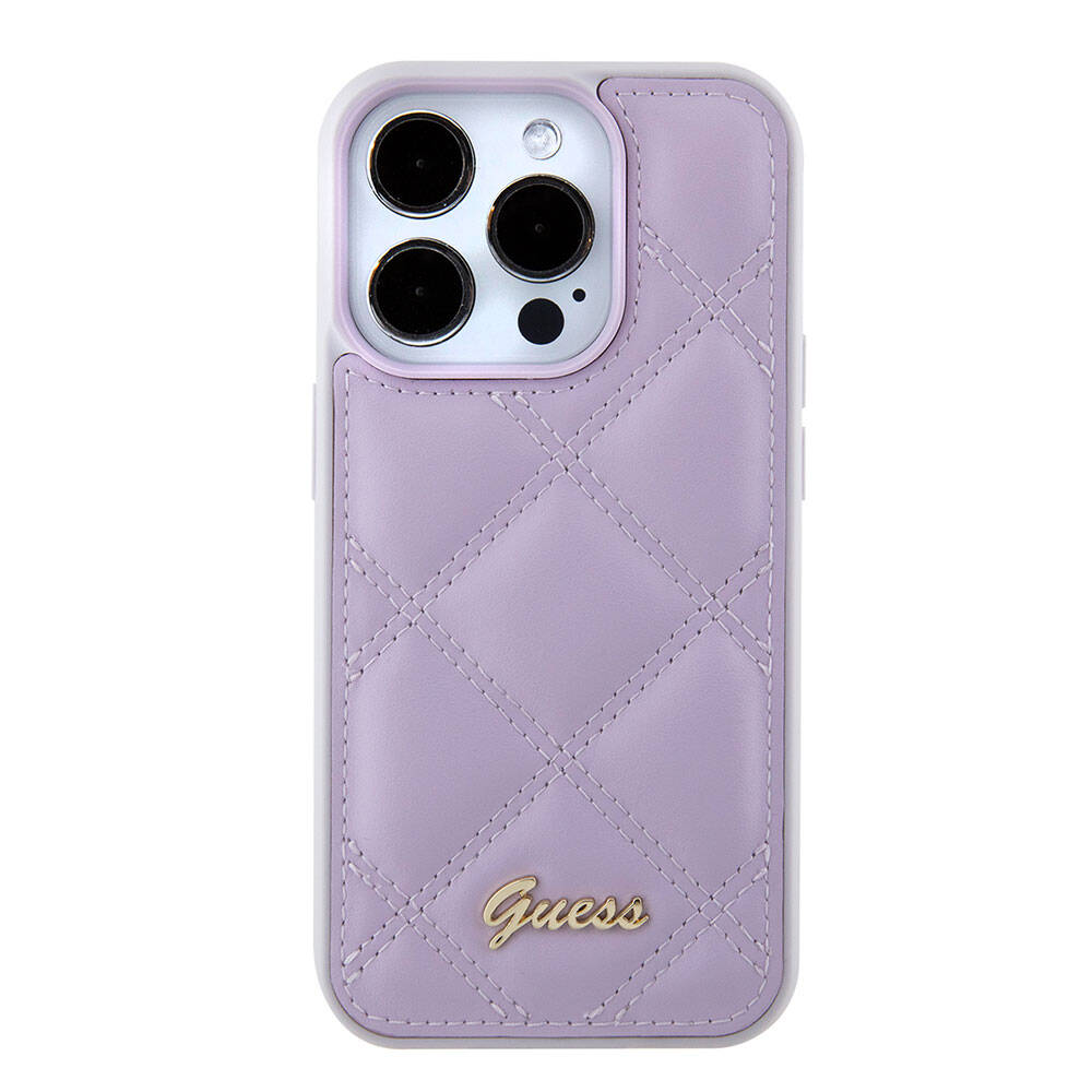 Apple iPhone 15 Pro Kılıf Guess Orjinal Lisanslı PU Deri Metal Yazı Logolu Kapitone Kapak Siyah