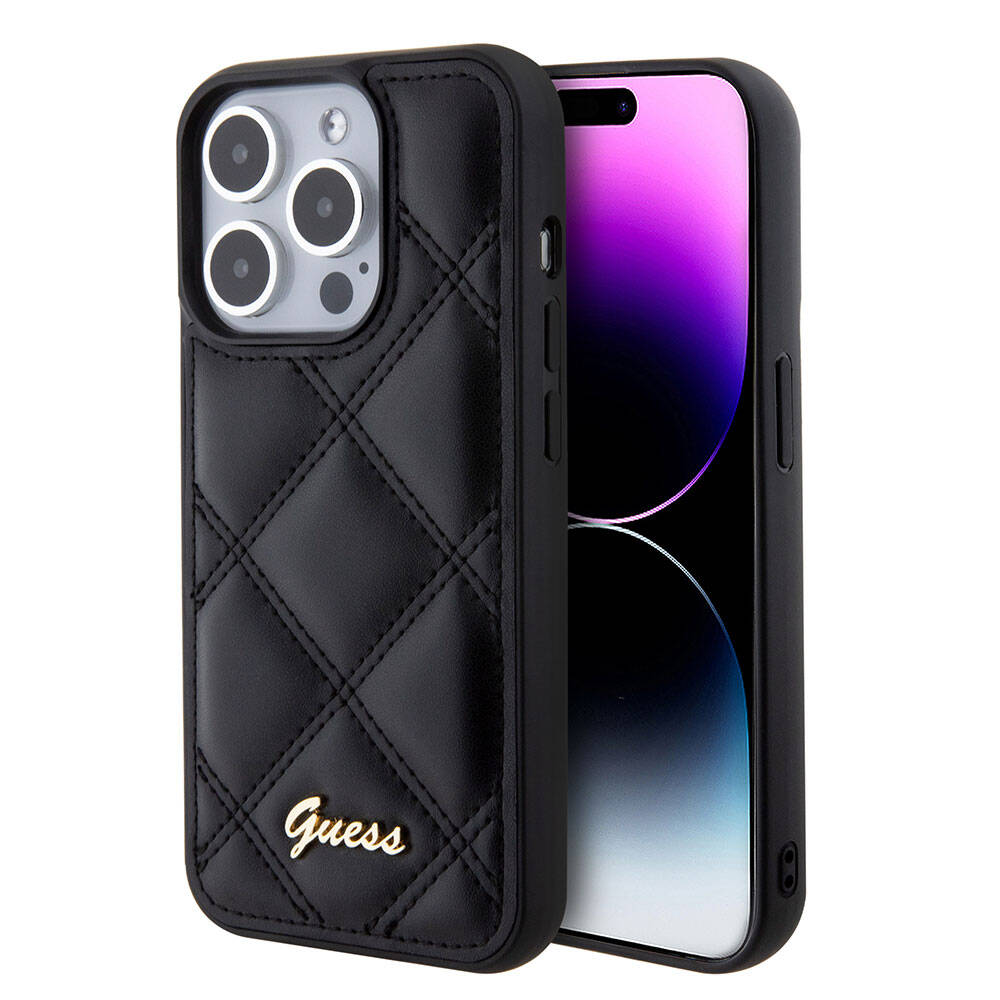 Apple iPhone 15 Pro Kılıf Guess Orjinal Lisanslı PU Deri Metal Yazı Logolu Kapitone Kapak Siyah