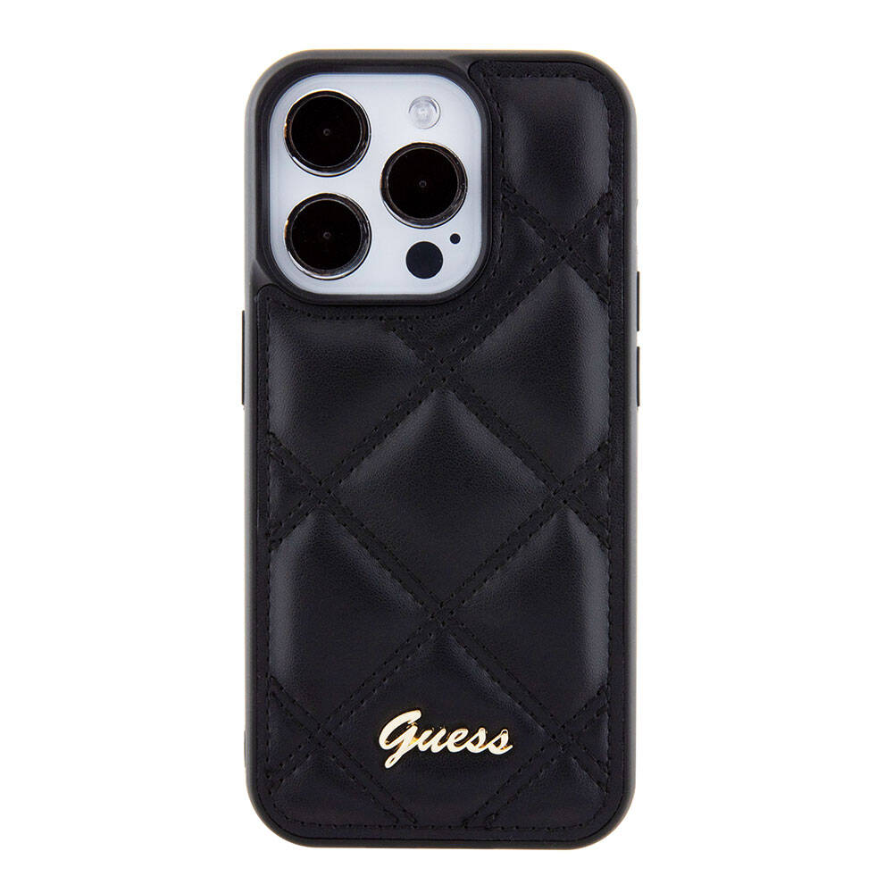 Apple iPhone 15 Pro Kılıf Guess Orjinal Lisanslı PU Deri Metal Yazı Logolu Kapitone Kapak Siyah