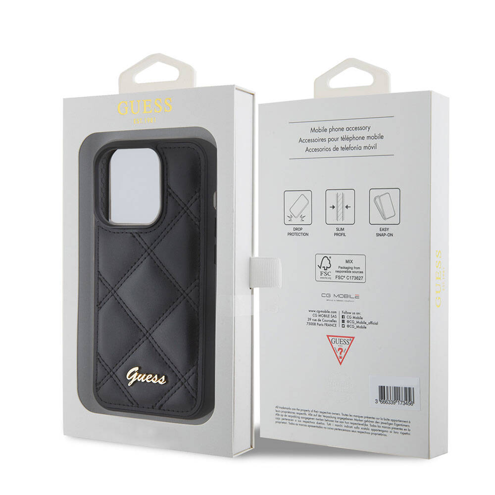 Apple iPhone 15 Pro Kılıf Guess Orjinal Lisanslı PU Deri Metal Yazı Logolu Kapitone Kapak Siyah