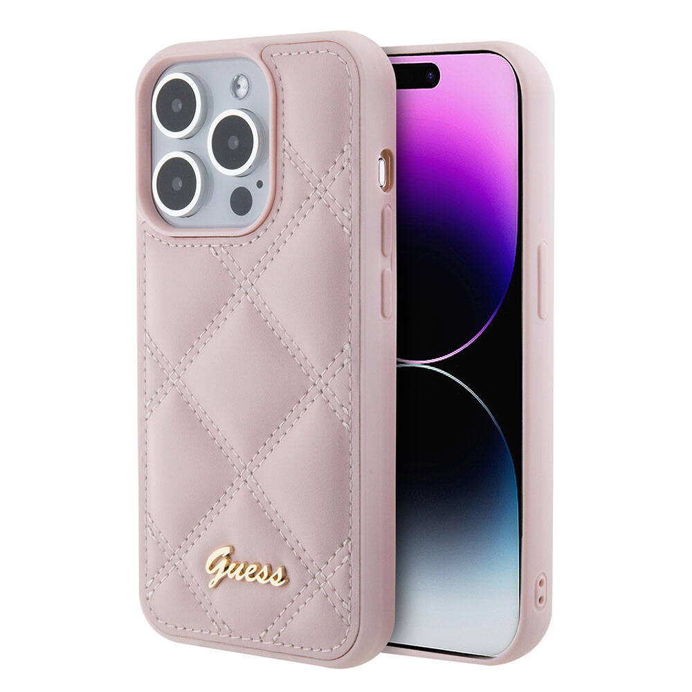 Apple iPhone 15 Pro Kılıf Guess Orjinal Lisanslı PU Deri Metal Yazı Logolu Kapitone Kapak Siyah