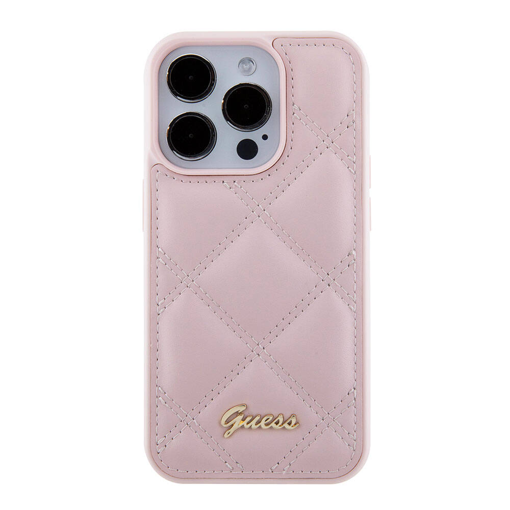 Apple iPhone 15 Pro Kılıf Guess Orjinal Lisanslı PU Deri Metal Yazı Logolu Kapitone Kapak Siyah